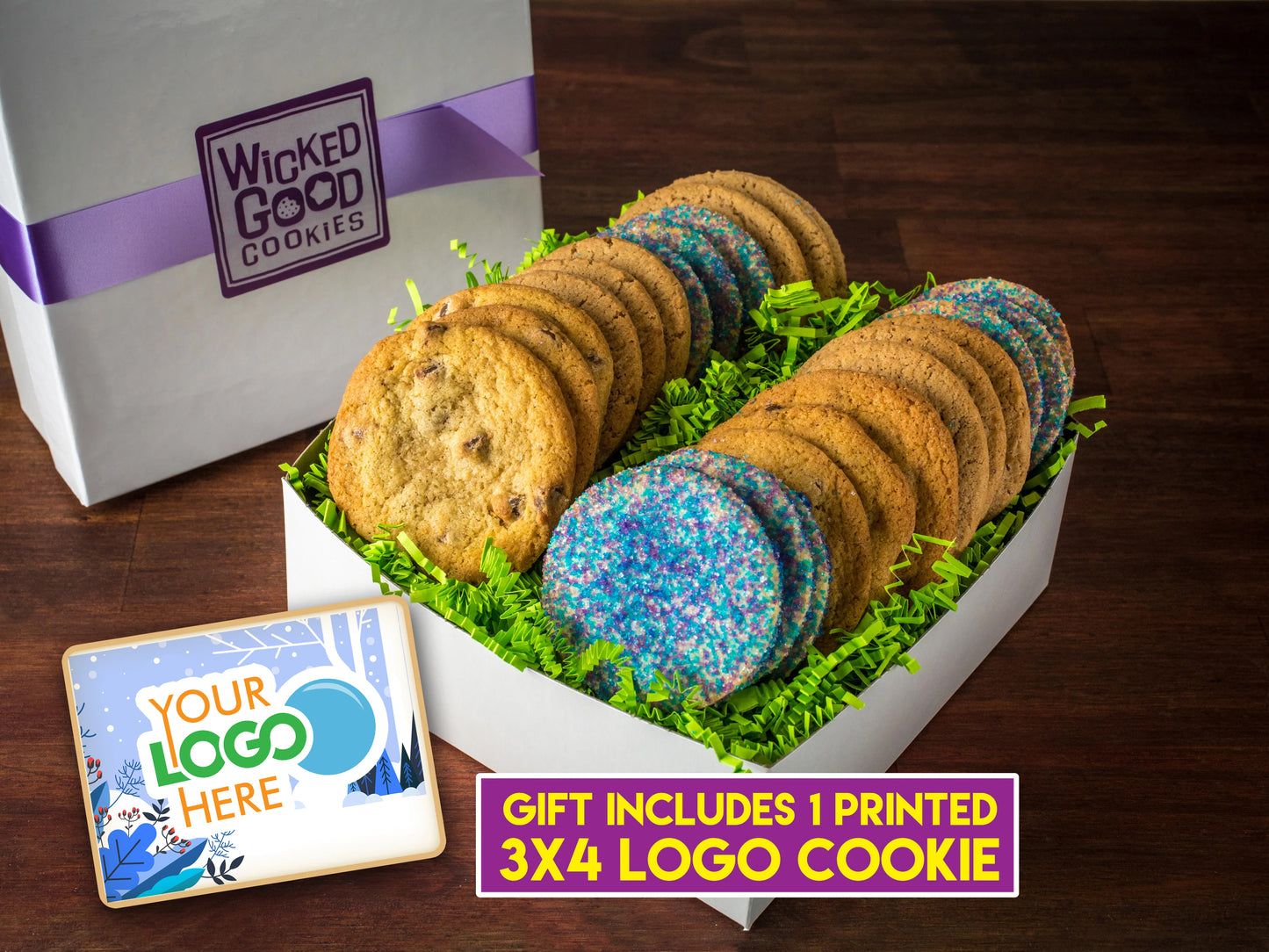 Winter Holiday Nut Free Cookie Gift Box w/ 3x4 Rectangle Logo Cookie