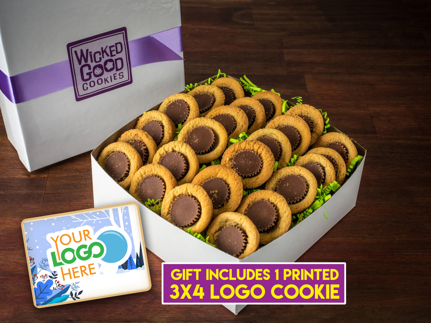 Winter Holiday Peanut Butter Puddle Cookie Gift Box w/ 3x4 Rectangle Logo Cookie