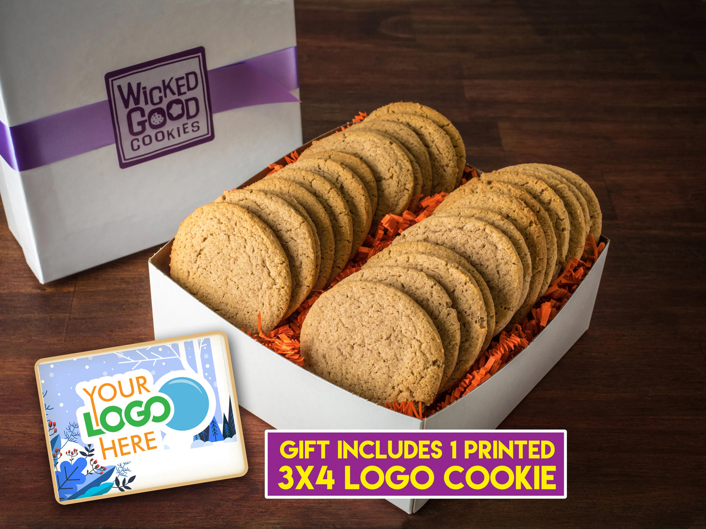 Winter Holiday Snickerdoodle Cookie Gift Box w/ 3x4 Rectangle Logo Cookie