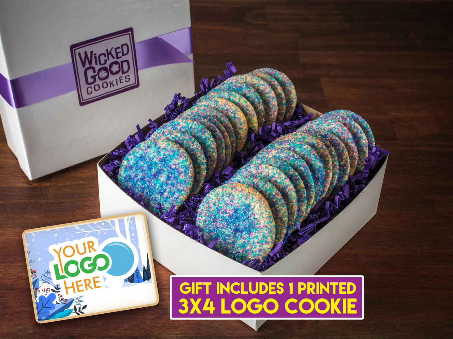 Winter Holiday Sprinkled Sugar Cookie Gift Box w/ 3x4 Rectangle Logo Cookie